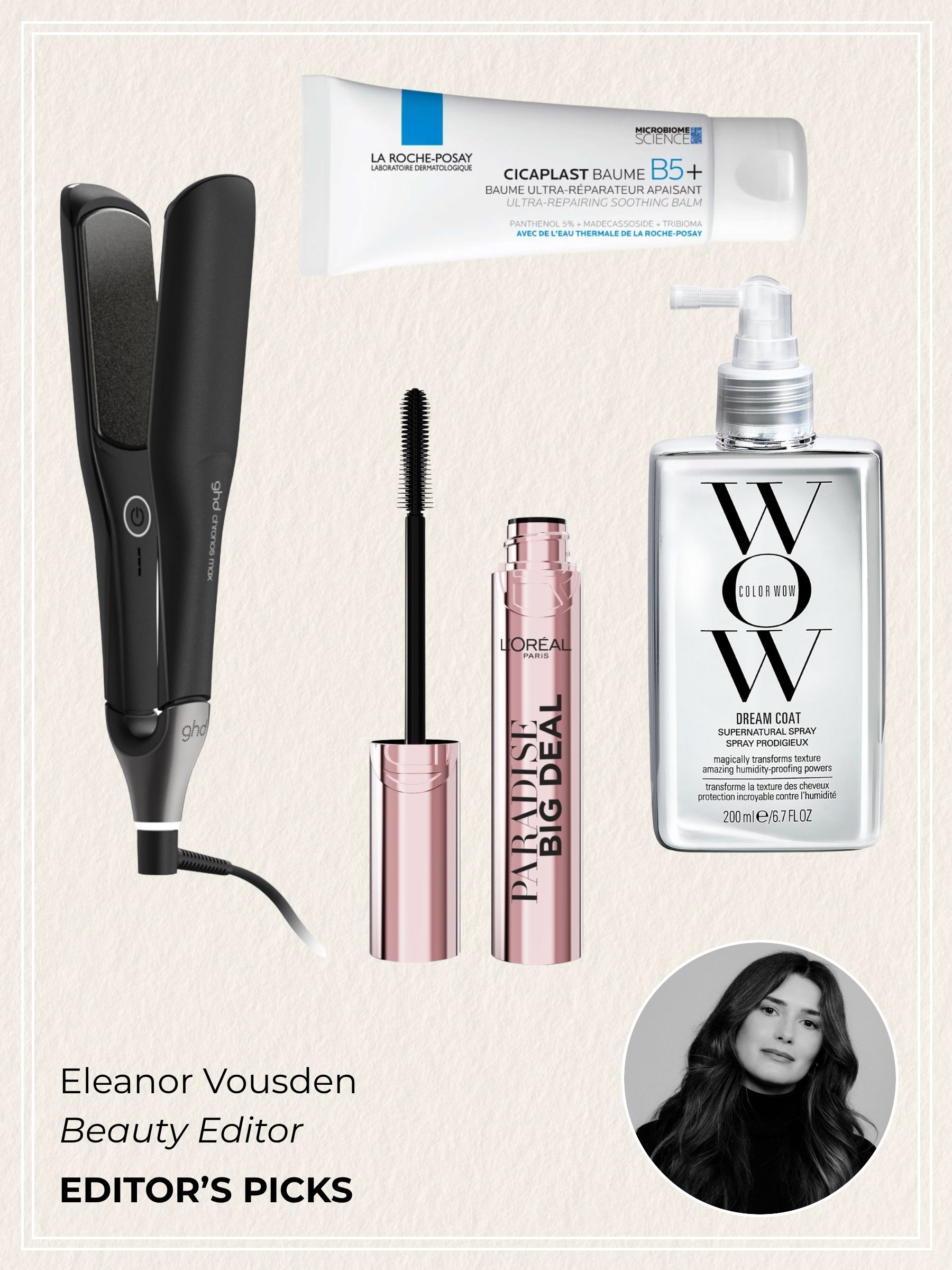 Graphic of beauty editor Eleanor Vousden's amazon Prime Day 2025 beauty deals picks, including GHD straighteners, L'Oreal Big Deal Mascara, La Roche-Posay Cicaplast Balm and Color Wow Dream Coat