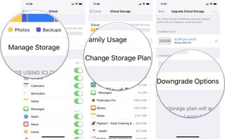 How to downgrade storage plans on iPhone and iPad by showing steps: Tap Manage Storage, tap Change Storage Plan, tap Downgrade Options