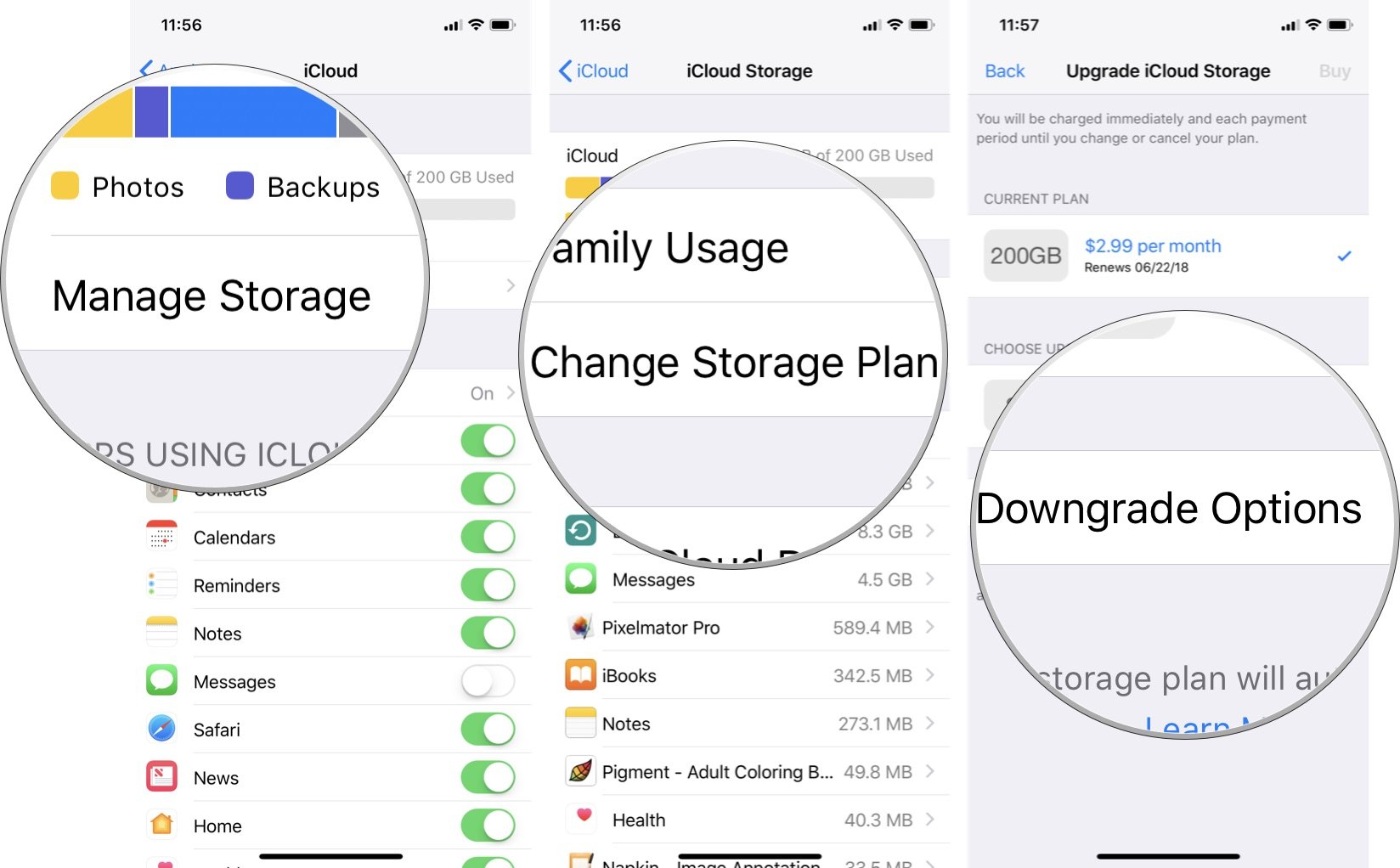 How to downgrade storage plans on iPhone and iPad by showing steps: Tap Manage Storage, tap Change Storage Plan, tap Downgrade Options