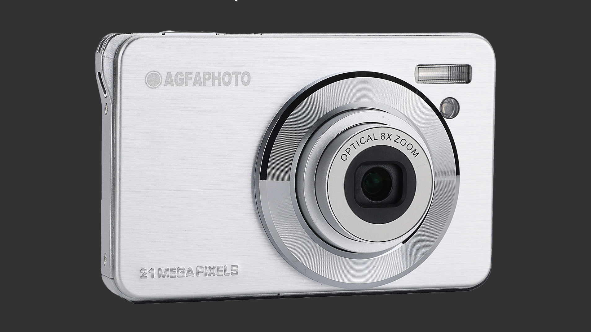 Agfa Photo Realishot DC8300 in silver with "21 Mega Pixels" text, featuring an 8x optical zoom lens set against a dark background