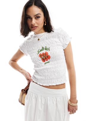 Asos Design Shirred Baby Tee With Tomato Girl Graphic in White