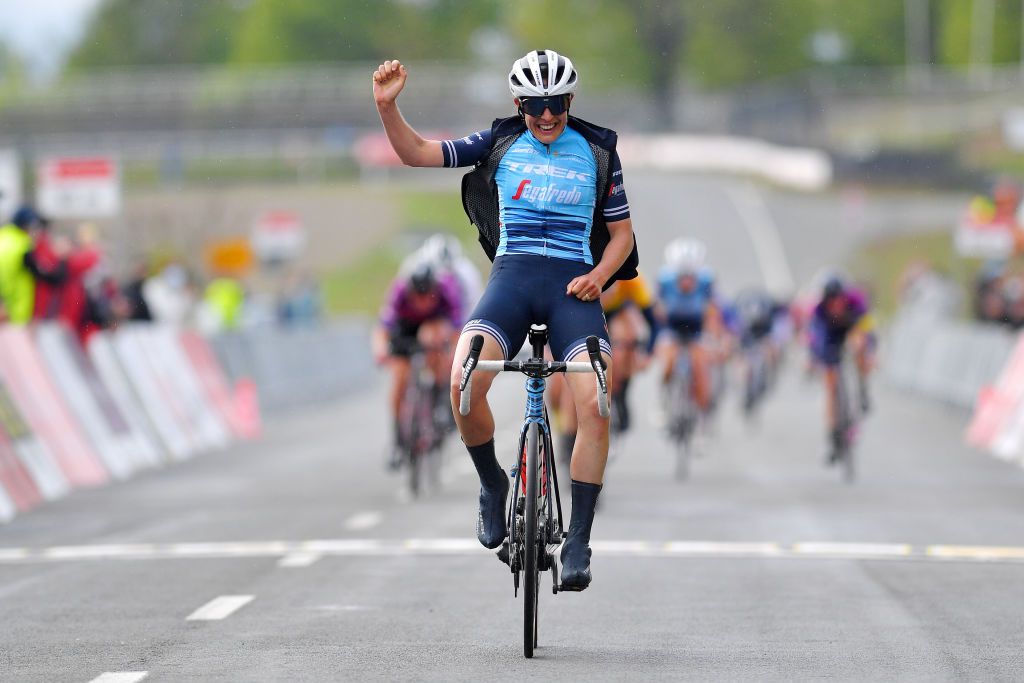 SCHLEIZ GERMANY MAY 27 Lucinda Brand of Netherlands and Trek Segafredo celebrates at arrival during the 34th Internationale LOTTO Thringen Ladies Tour 2021 Stage 3 a 1165km stage from Schleiz to Schleiz ltlt2021 lottothueringenladiestour womencycling on May 27 2021 in Schleiz Germany Photo by Luc ClaessenGetty Images