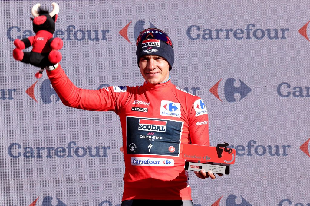 ARINSAL SPAIN AUGUST 28 Remco Evenepoel of Belgium and Team Soudal Quick Step celebrates at podium as Red Leader Jersey winner during the 78th Tour of Spain 2023 Stage 3 a 1585km stage from Sria to Arinsal 1911m UCIWT on August 28 2023 in Arinsal Andorra Photo by Alexander HassensteinGetty Images