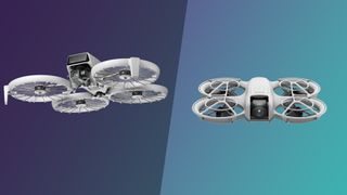 DJI Flip alongside DJI Neo drone with split purple / cyan background