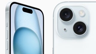The back and front sides of the blue iPhone 15 next to each other. The screen has blue blibs n it and we can see the two camera sensors.