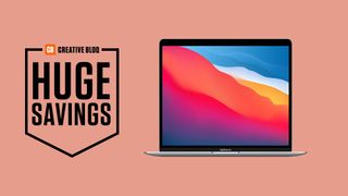 Apple Macbook on pink background with text that says huge savings