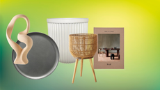 a collection of various home decor items on a colorful background