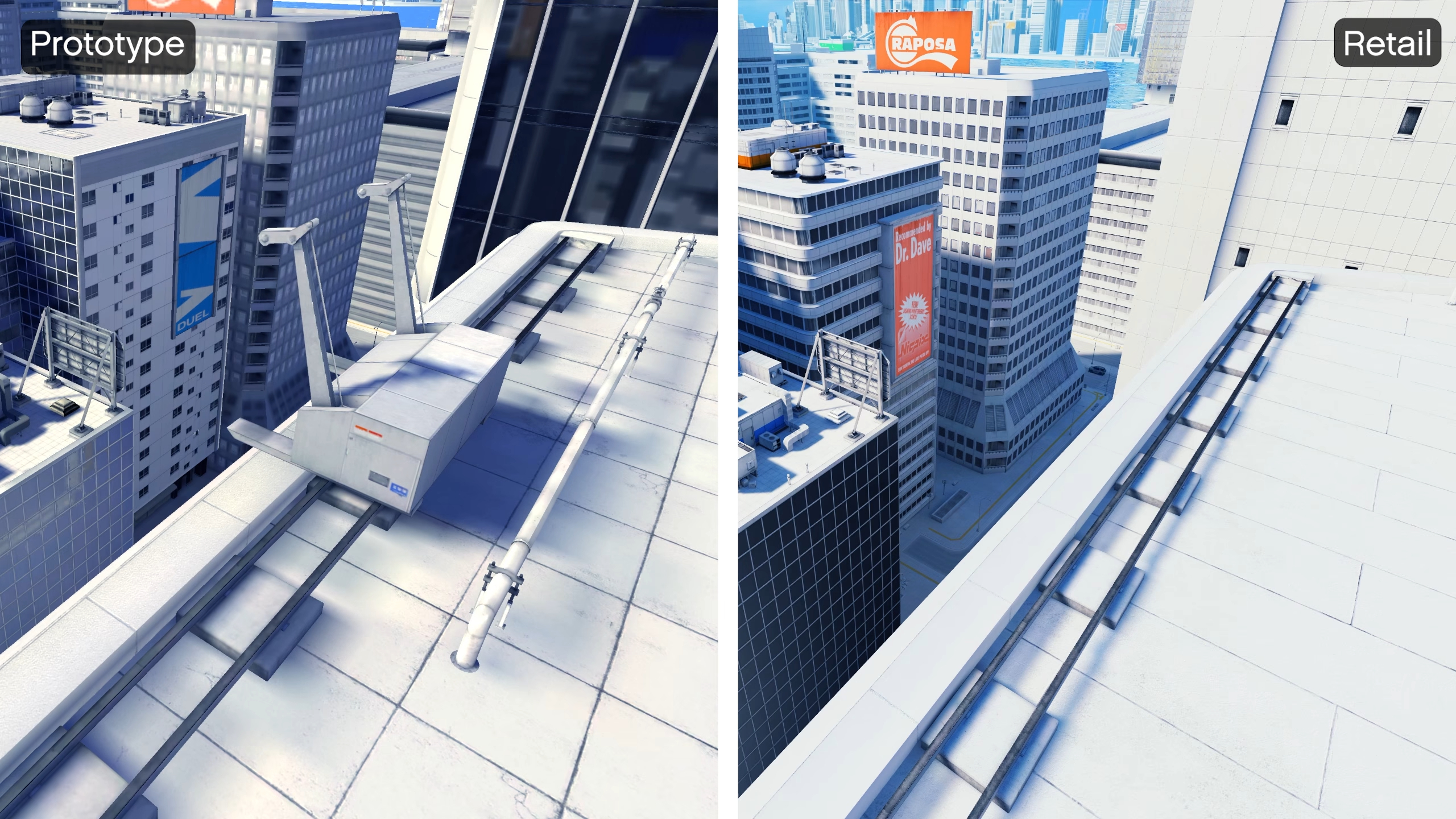 A side-by-side view comparing a rooftop view in the final version and prototype build of Mirror's Edge.