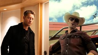 Justin Hartley in a press image from Tracker wearing black and Glen Powell in a cowboy hat and plaid in Twisters. 