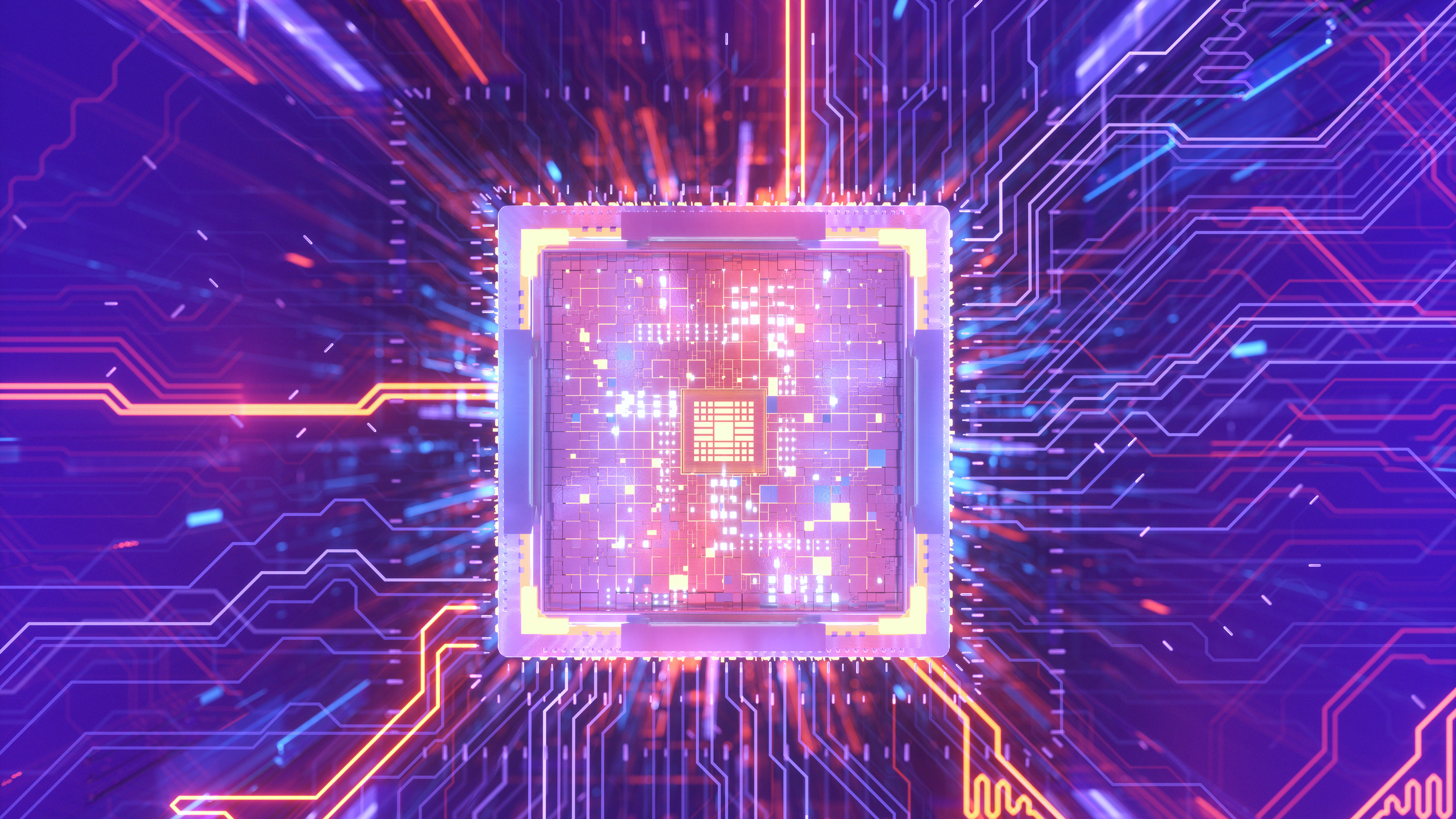 A computer processor in glowing pink and yellow with purple and orange digital strands emerging from all sides