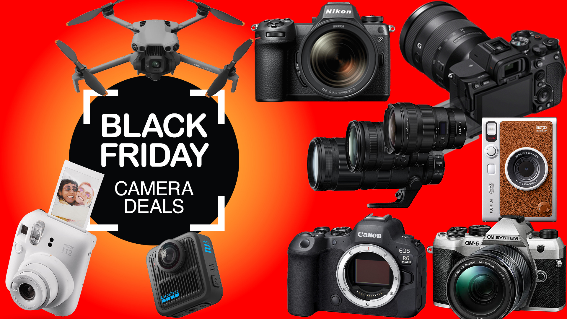 A drone, instant cameras, mirrorless cameras and lenses on a red background with Black Friday camera deals overlay
