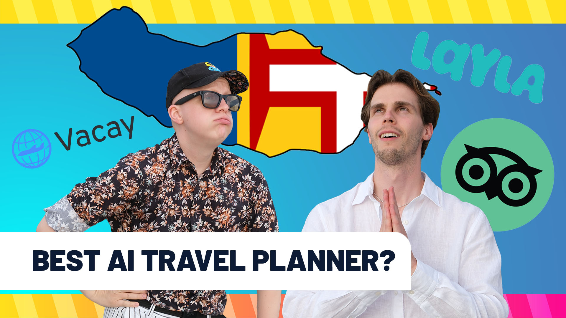 Two men in front of a map of Madeira with logos for different AI travel agents