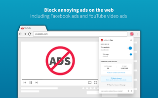 An advert for Adblock Plus, it shows a blocked ad on a YouTube video, as well as settings that explain what ads are blocked and how many have been blocked