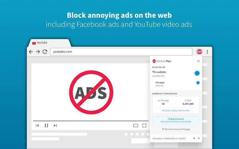 Реклама для Adblock Plus показывает заблокированную рекламу в видео на YouTube, а также настройки, объясняющие, какая реклама заблокирована и сколько из них было заблокировано
