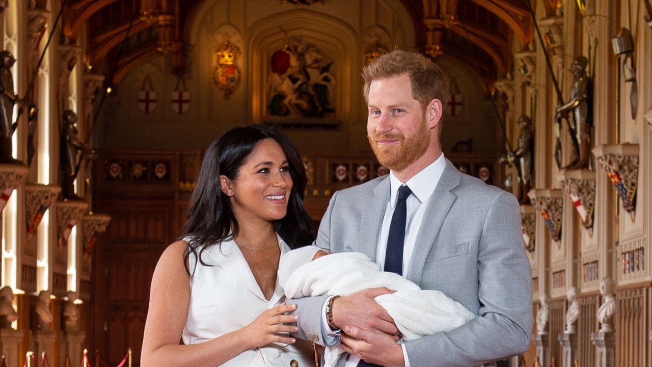 Meghan Markle and Prince Harry pose in St George&#039;s Hall at Windsor Castle on May 8, 2019.