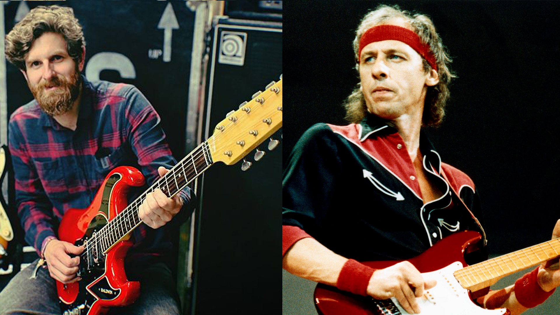LEFT: Gardiner Houlgate auctioneer Luke Hobbs with a Burns 12-string guitar used by Mark Knopfler, who borrowed it from a friend and used it for roughly 50 years both on record and in concert. RIGHT: Mark KNOPFLER and LIVE AID and DIRE STRAITS, Mark Knopfler performing live onstage at Live Aid, playing Fender Stratocaster guitar, wearing headband 