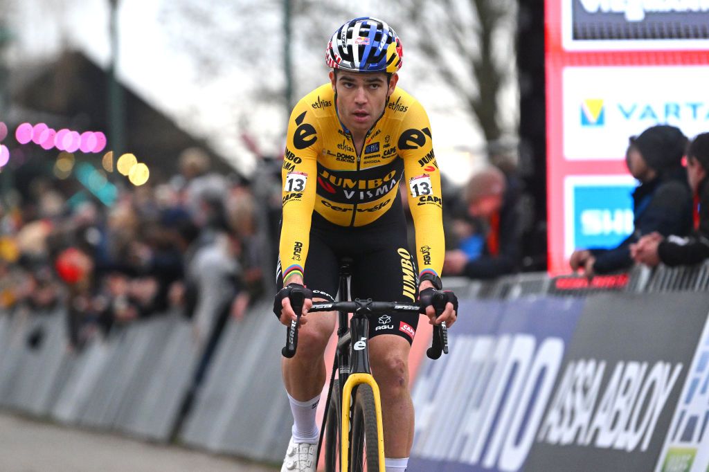 ANTWERP BELGIUM DECEMBER 23 Wout van Aert of Belgium and Team JumboVisma crosses the finish line on second place during the 17th UCI Cyclocross World Cup Antwerpen 2023 Mens Elite on December 23 2023 in Antwerp Belgium Photo by Luc ClaessenGetty Images