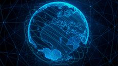 Global technology concept image showing digitized planet Earth with satellite lines orbiting.