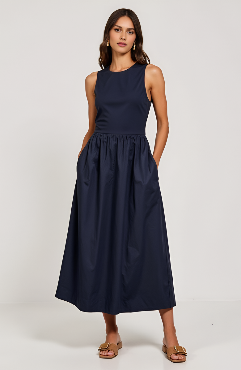Sleeveless Crewneck Midi Dress With Gathered Waist and Pockets