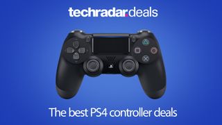 A ps4 controller on a blue background with the techradar logo above