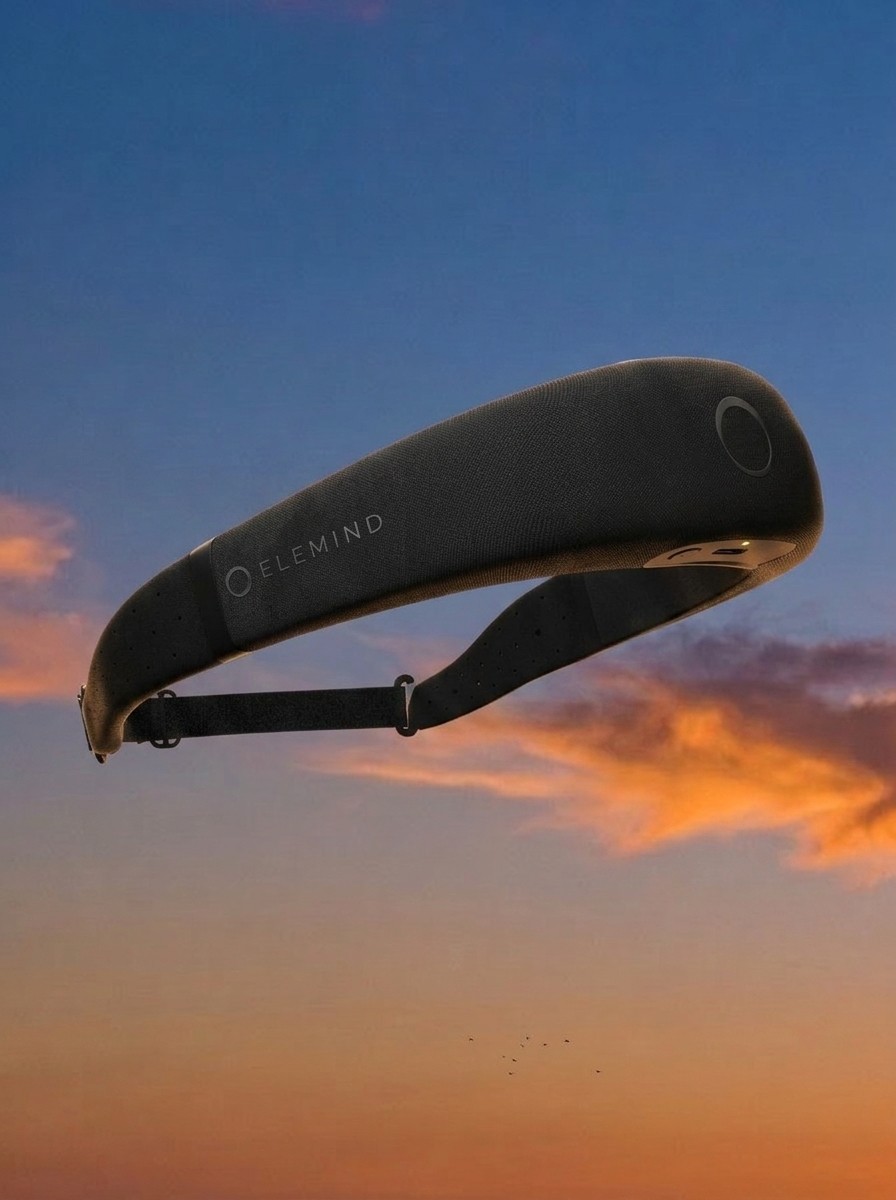 The Elemind Sleep headband against a background of a dark sky edited by Gemini