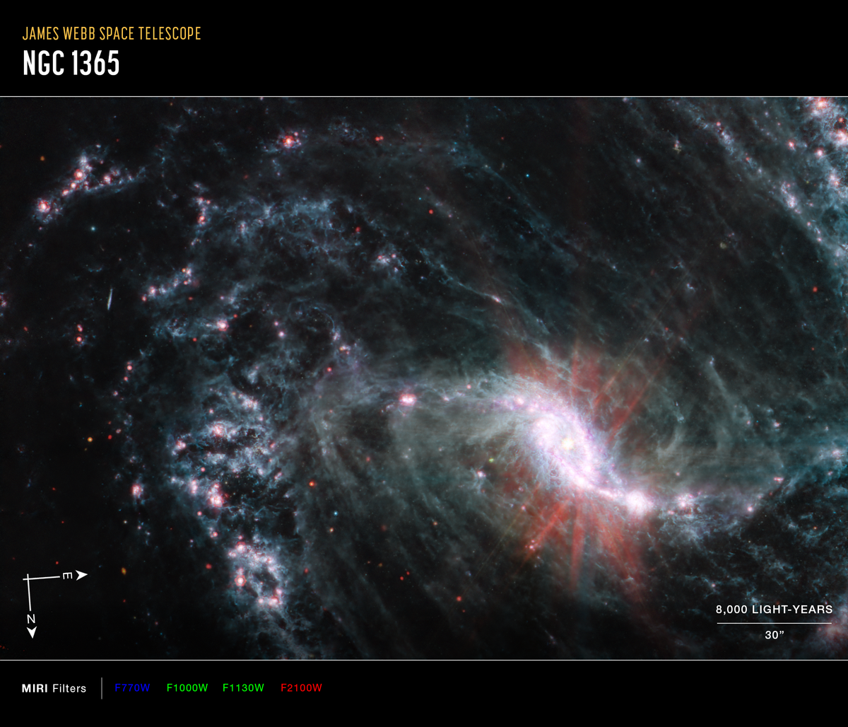Bright clumps of dust and gas swirl in deep space.