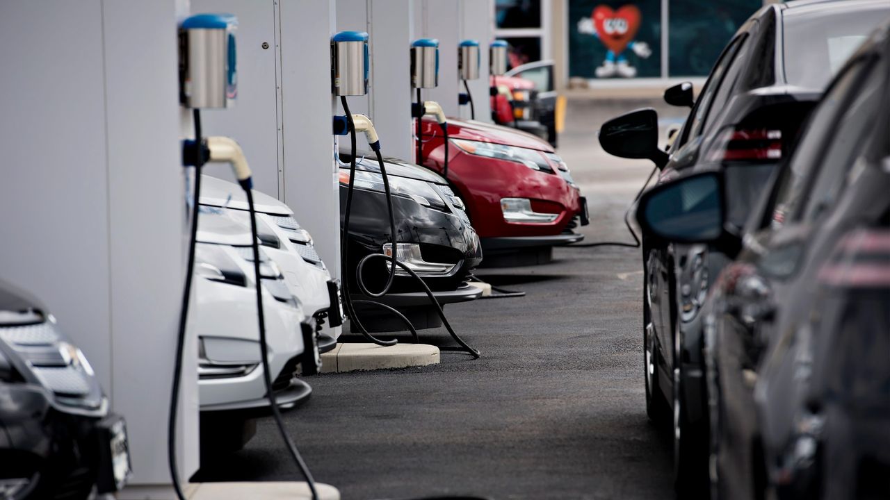 Chevy Volts charging at a dealership in Illinois