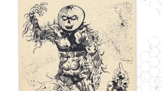 Artwork of a bugbear with a pumpkin head on aged paper