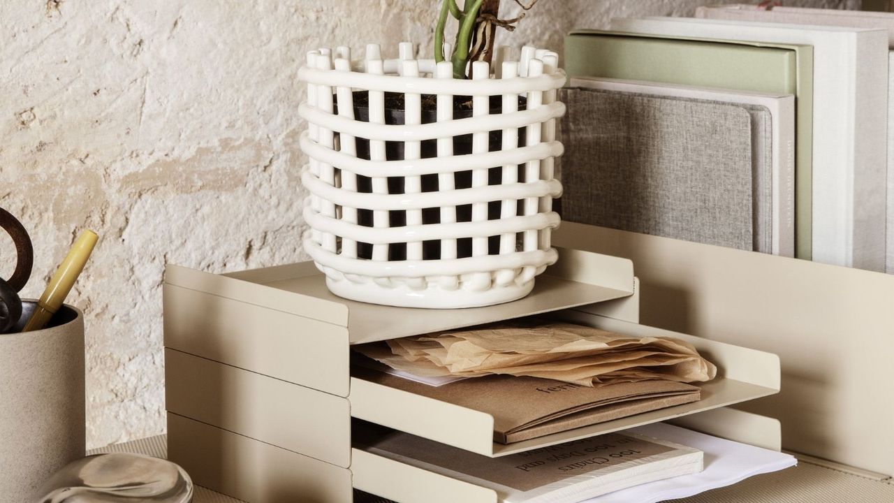 Ferm Living 2 x 2 Desk Organizer in beige on desk with paperwork in drawers and white plant pot on top