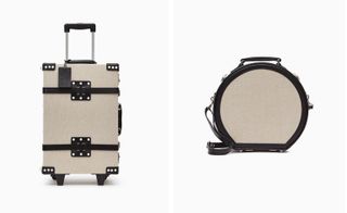 Two images, Left- Carry-on suitcase, Right- Vanity case. Both crafted from natural linen