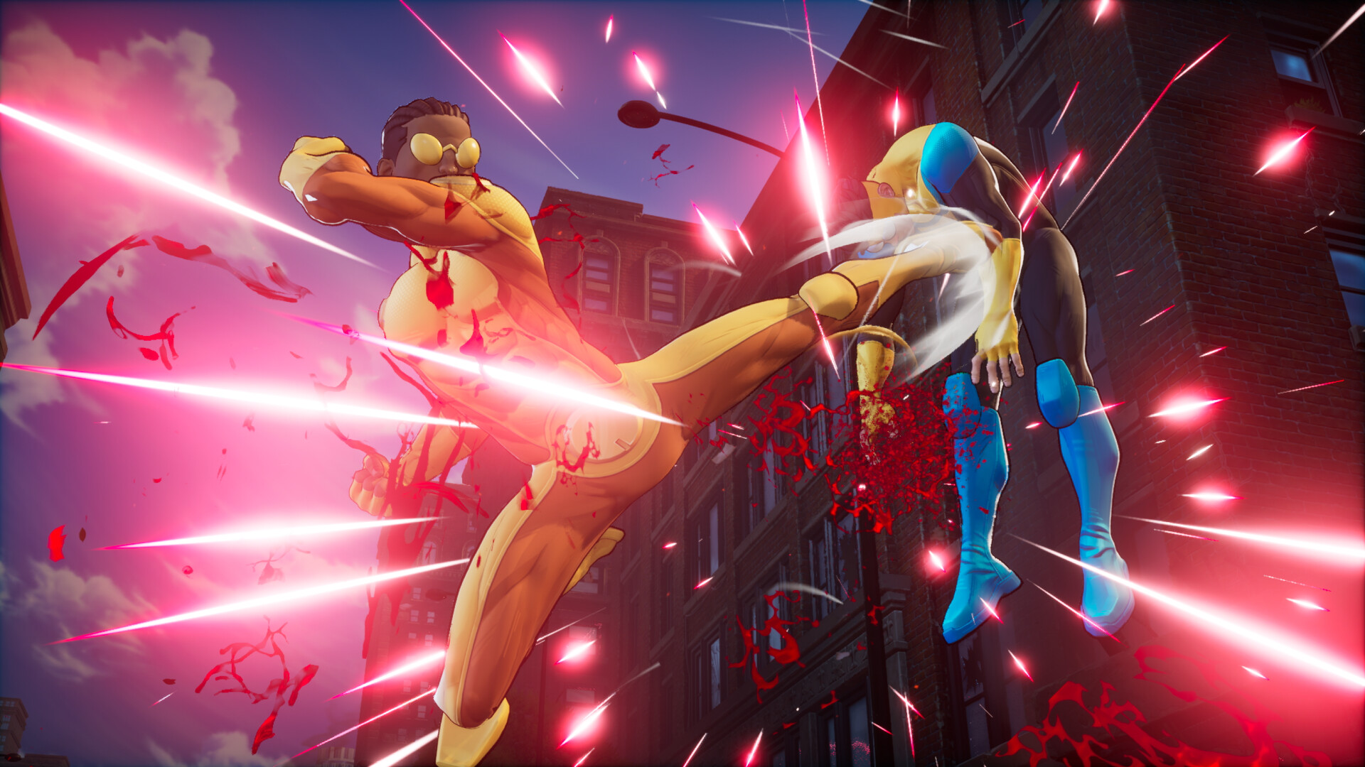 Rex Plode kicks Invincible in the ribs.