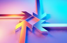 Metallic arrow symbols which are illuminated by blue and magenta lights merge on blue and magenta background