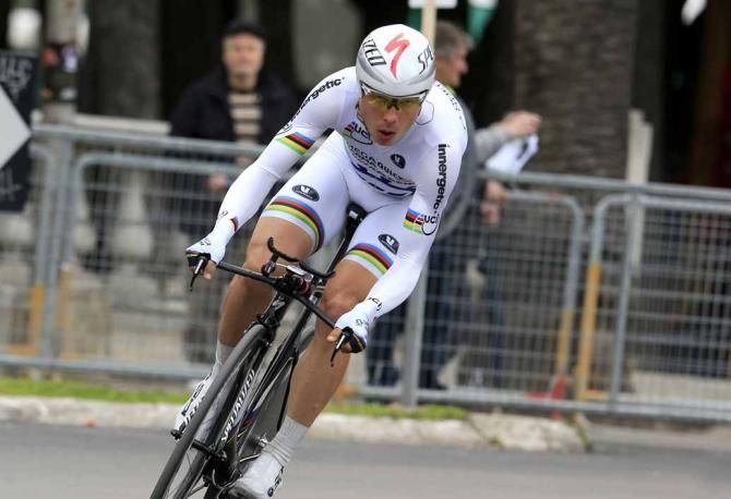 A streamlined Tony Martin (Omega Pharma-QuickStep) cruises to victory in San Benedetto del Tronto.