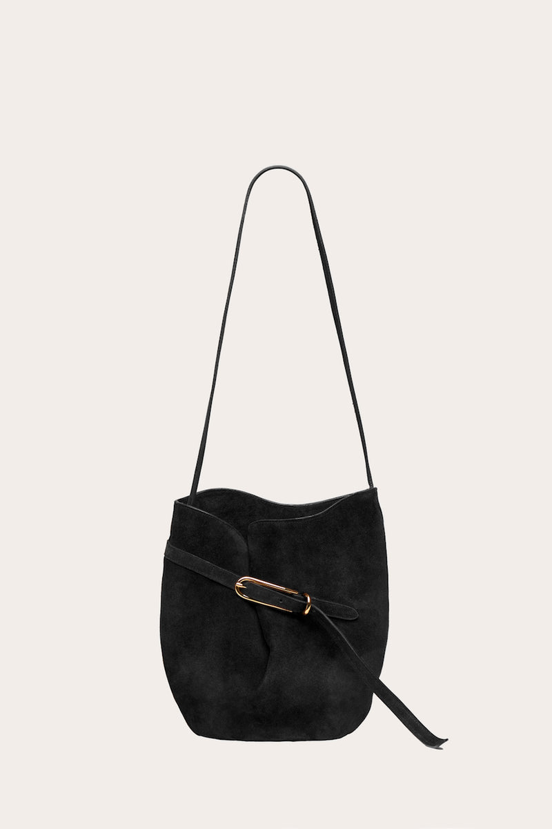 Belted Bucket Bag Black Suede