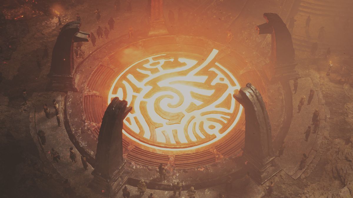 Monster Hunter Wilds - A firey sigil lighting up, surrounded by people, pointing at one of the elemental damage types you can build for with the Firestone. 