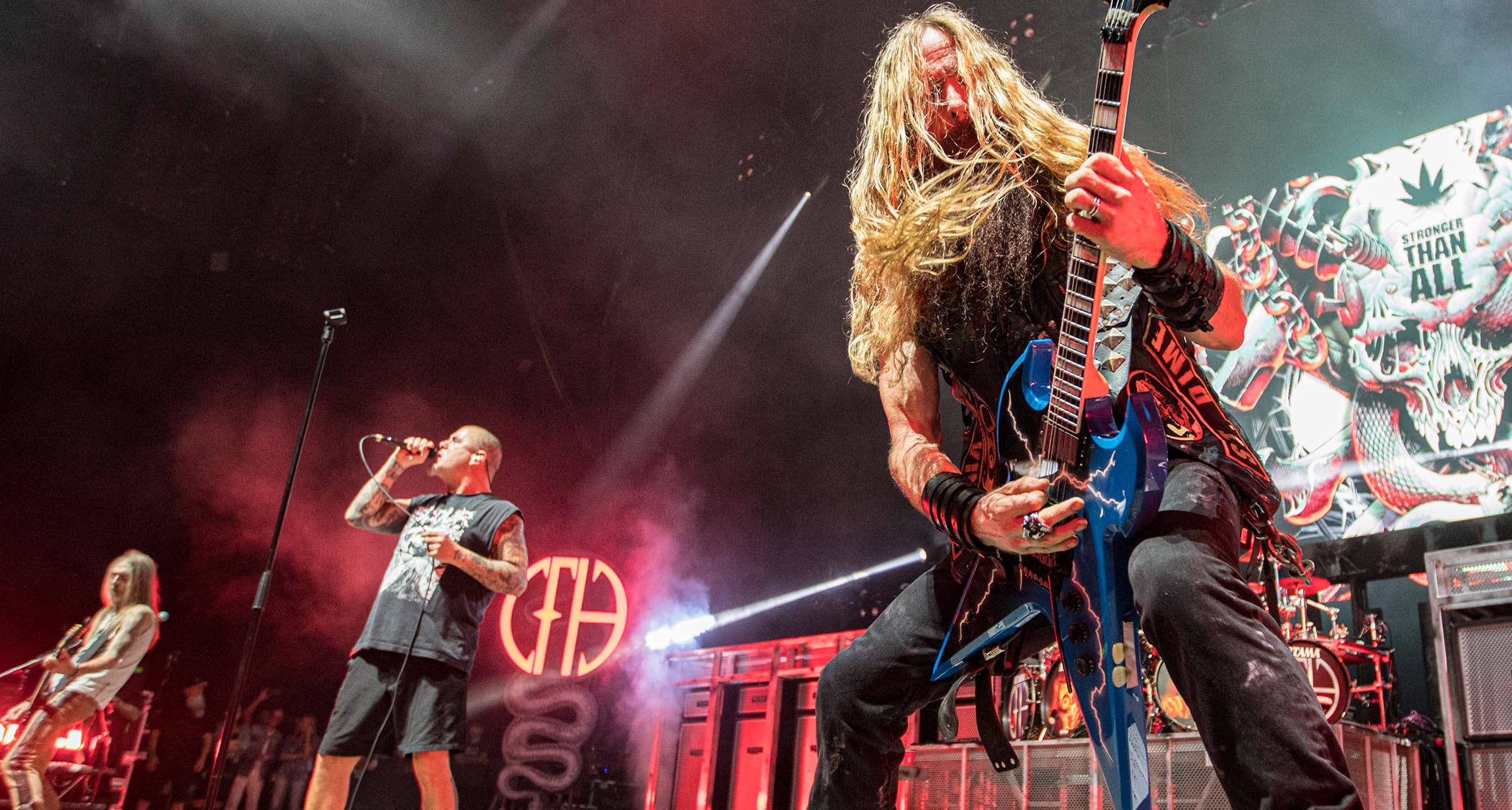 Zakk Wylde [right], Phil Anselmo and Rex Brown perform as Pantera during their 2023 reunion/tribute tour honouring late members, Dimebag Darrell and Vinnie Paul