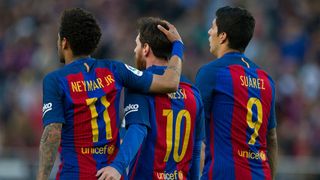 Neymar, Lionel Messi and Luis Suarez celebrate together for Barcelona