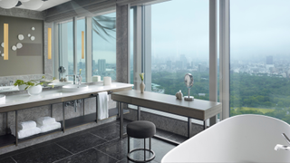 Bathroom and view at the Four Seasons Hotel Tokyo Otemachi