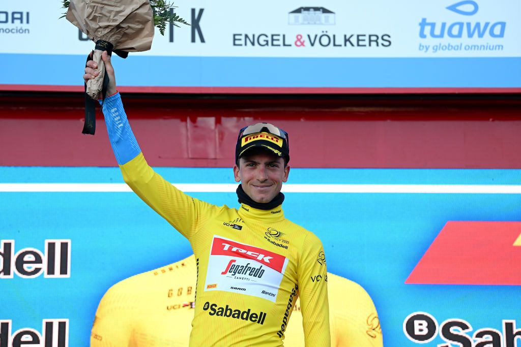 ALTURA SPAIN FEBRUARY 04 Giulio Ciccone of Italy and Team Trek Segafredo Yellow Leader Jersey celebrates at podiumduring the 74th Volta a la Comunitat Valenciana 2023 Stage 4 a 1816km stage from Burriana to Alto de la Cueva Santa Altura 832m VCV2023 VoltaValenciana on February 04 2023 in Altura Spain Photo by Dario BelingheriGetty Images
