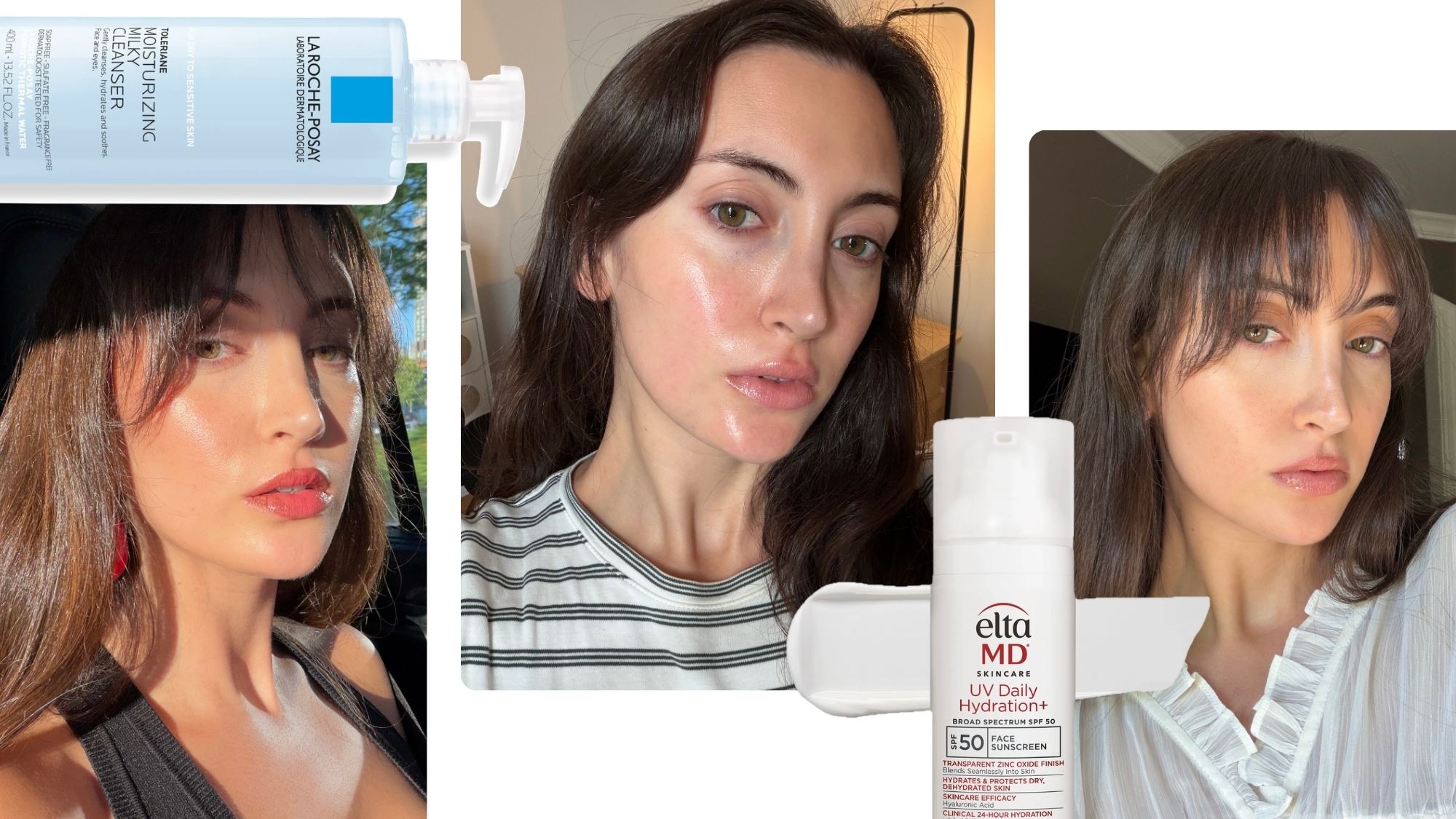 Collage of WWW associate beauty editor Alyssa Brascia with clear skin and simple beauty products.