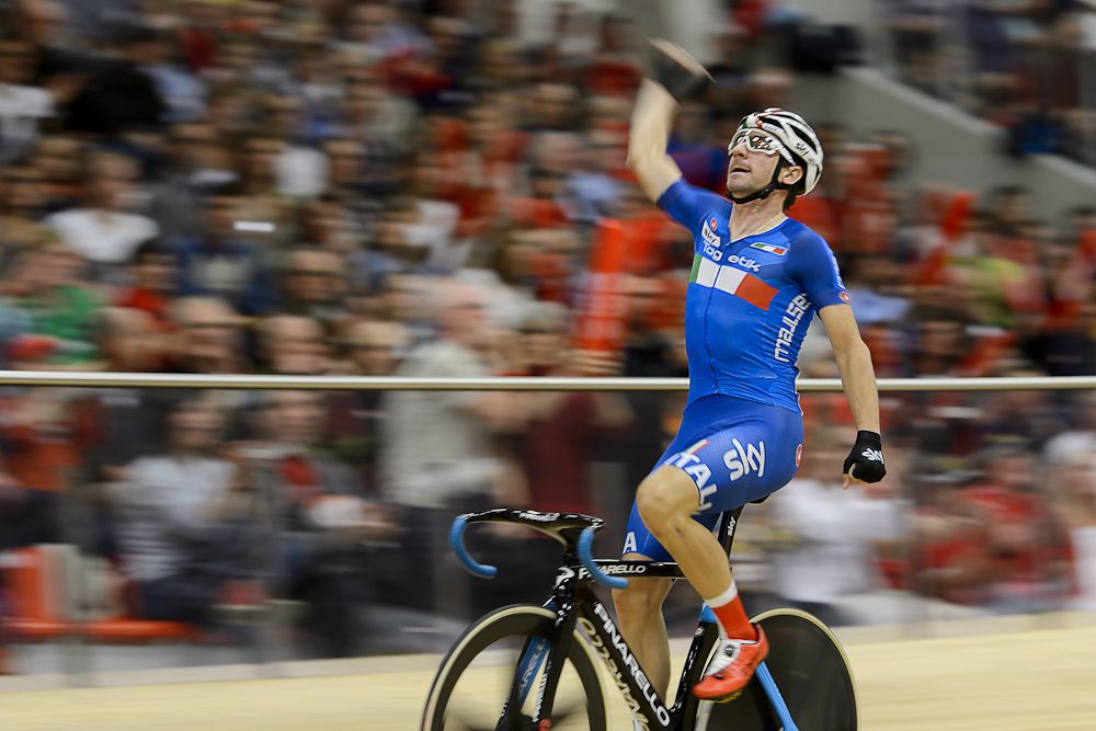 Italy's Elia Viviani celebrates after winning the Men's Omnium competition at the Track Elite European Championships