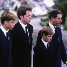 Charles Spencer, Prince William and Prince Harry walking behind Princess Diana's coffin