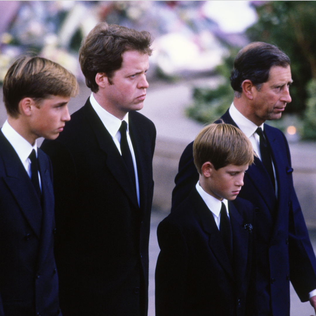 Charles Spencer, Prince William and Prince Harry walking behind Princess Diana's coffin