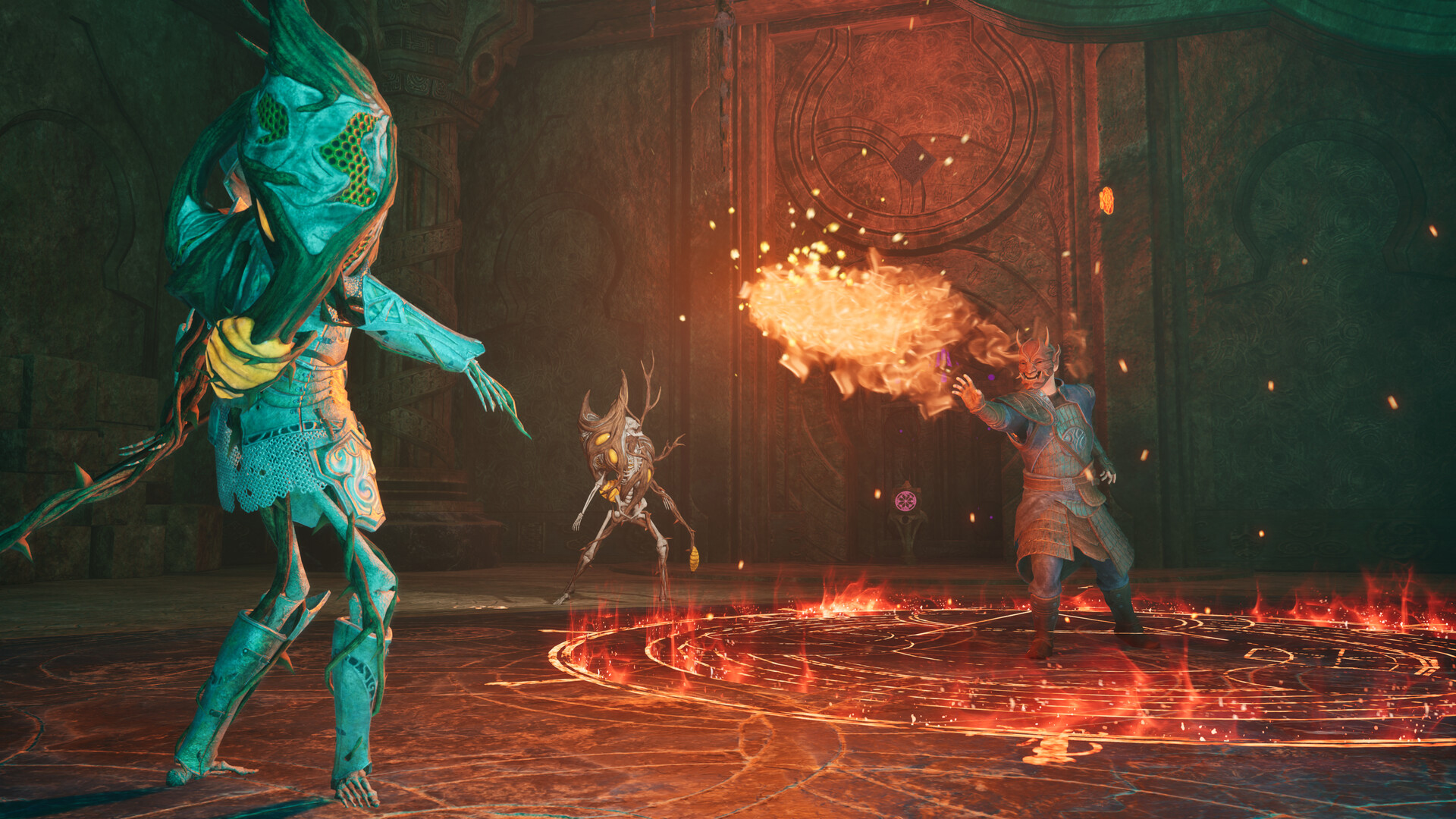 Adventurer casting a fire spell at a monster