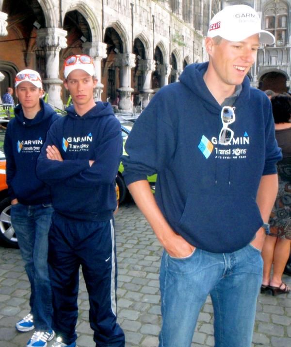Garmin-Transitions Peter Stetina and Michael Kreder keep a close eye on their captain Ryder Hesjedal