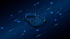 A CGI image of a padlock on a blue background, with glowing data points on top of it to represent cybersecurity.