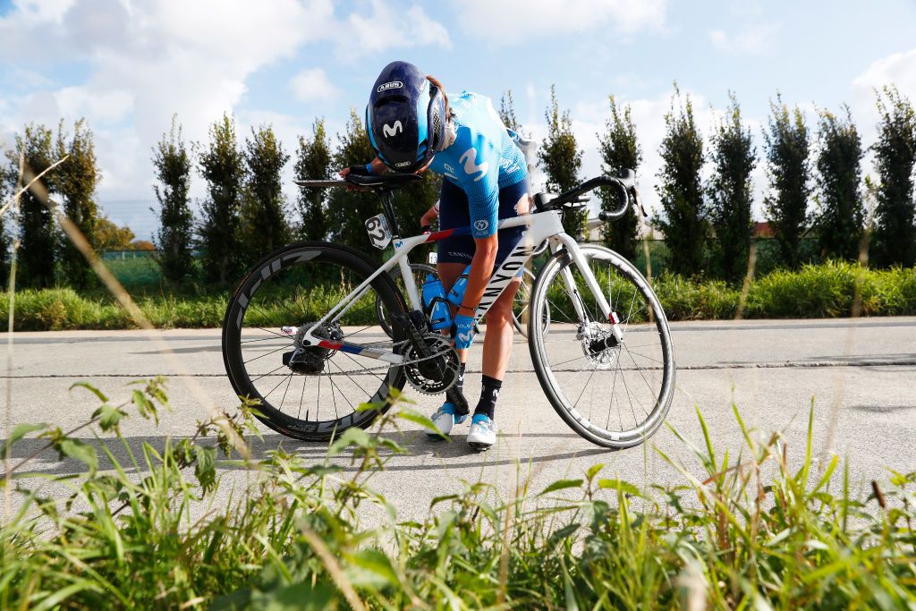 WEVELGEM BELGIUM OCTOBER 11 Jelena Eric of Serbia and Movistar Team Crash Mechanical Problem during the 9th GentWevelgem In Flanders Fields 2020 Women Elite a 1414km race from Ieper to Wevelgem GentWevelgem FlandersClassic on October 11 2020 in Wevelgem Belgium Photo by Bas CzerwinskiGetty Images