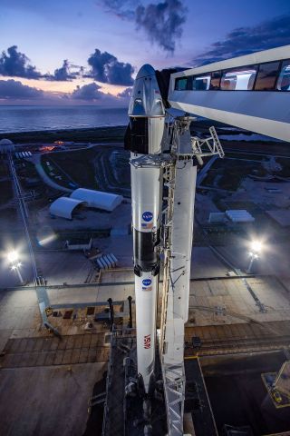 A SpaceX Falcon 9 rocket, emblazoned with NASA's "worm" logo, stands poised to launch NASA astronauts on the company's Crew Dragon spacecraft to the International Space Station.