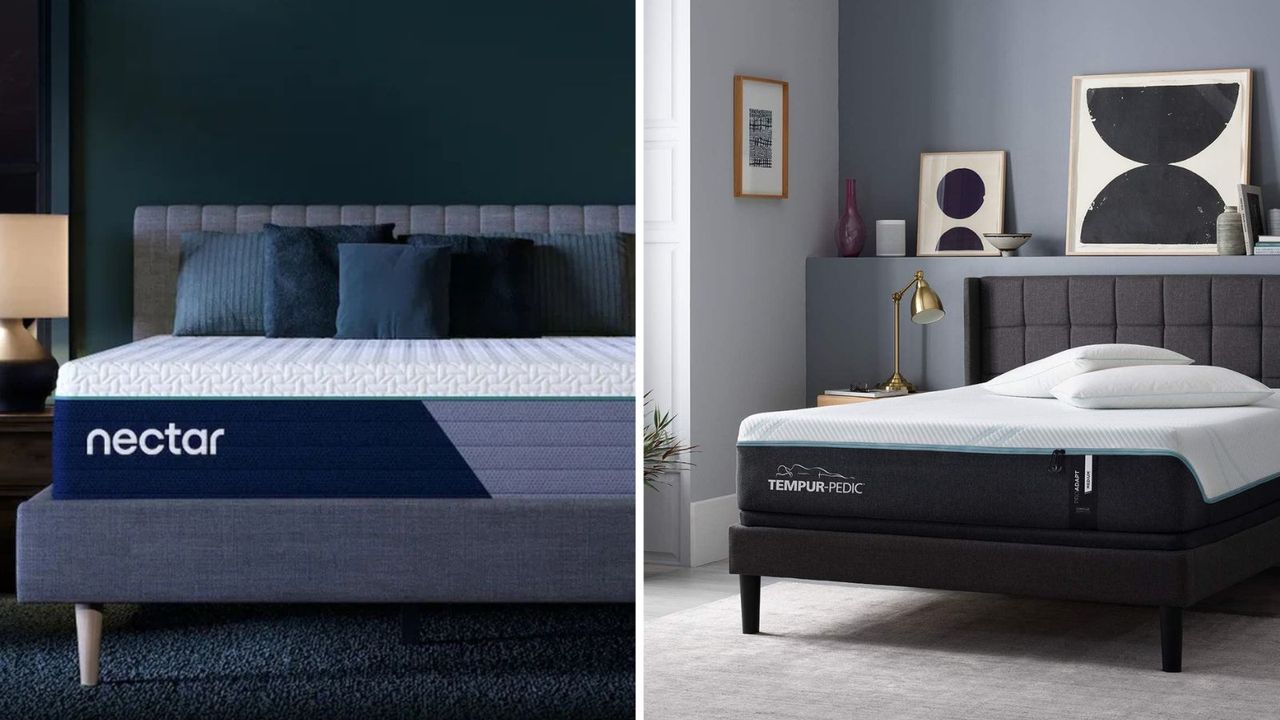 A Nectar Premier Hybrid Mattress on a bed against a dark blue wall; a Tempur-Pedic ProAdapt Mattress on a bed against a light blue wall. 