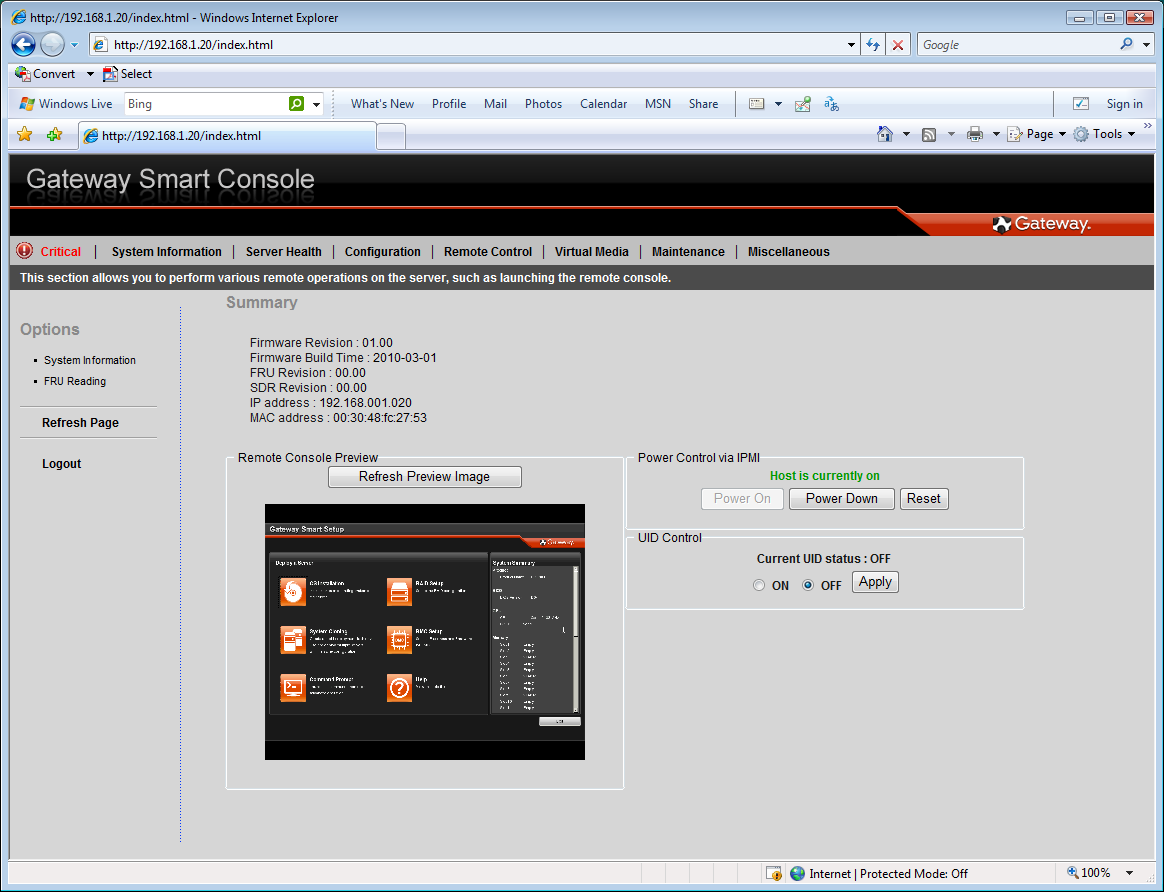 The embedded management controller has a tidy web interface with direct access to remote control and virtual media tools.